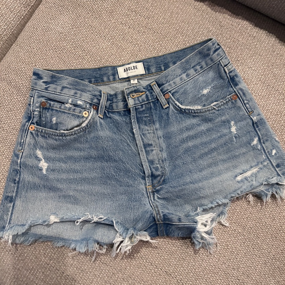 Agolde Light Blue Button-Fly Denim Shorts